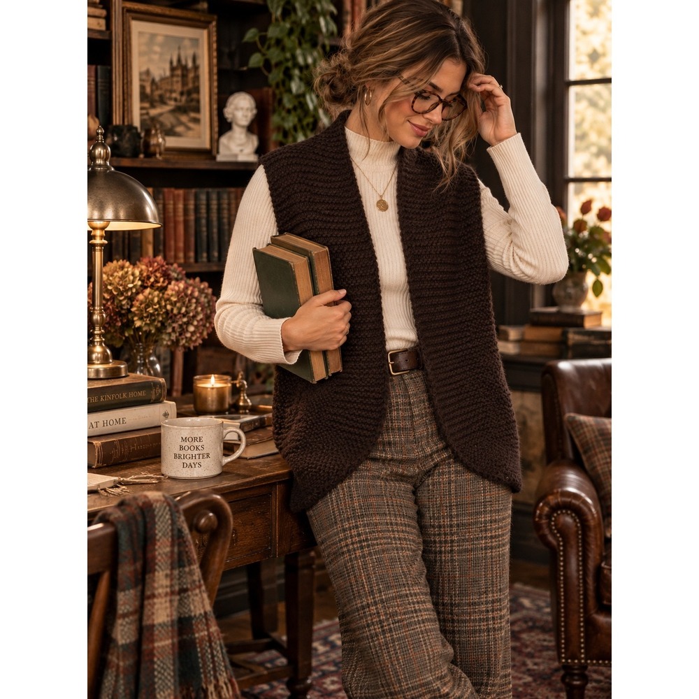 Handmade Dark Chocolate Brown Chunky Knit Open Front Sweater Vest L Boho